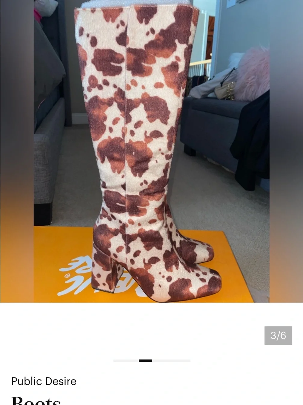 Public Desire Brown and Cream Cow Print Over-The-Knee Block Heel Boots